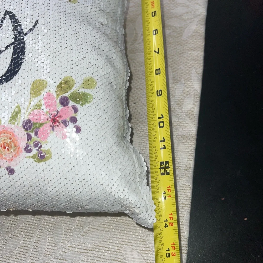 Floral white and Gold Sequin Pillow with Script